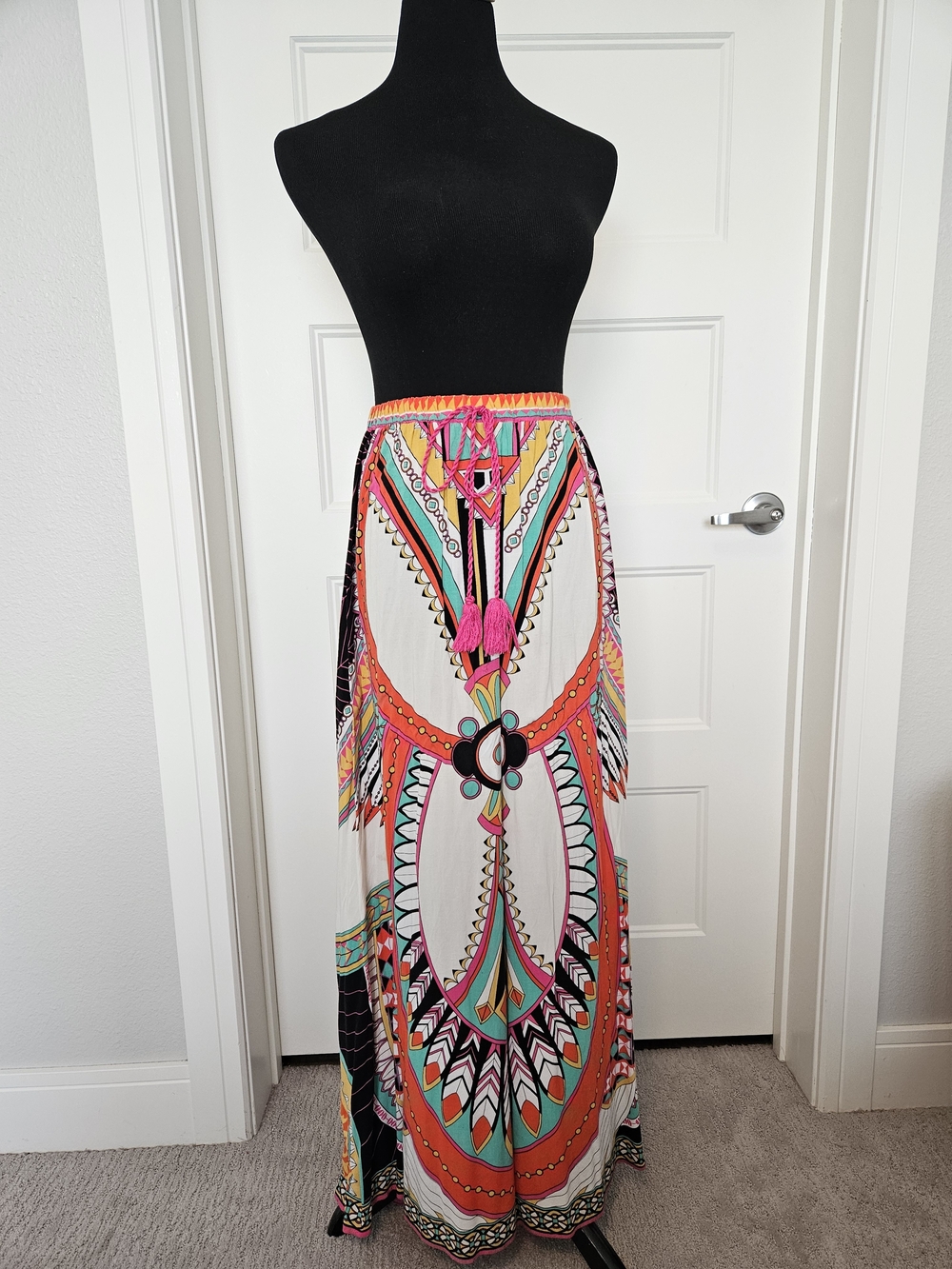 Swell Coral, Pink & Teal Geometric Print Maxi Skirt